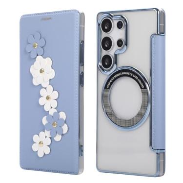 Imagem de Capa carteira para Samsung Galaxy S24 Ultra, 3 compartimentos para cartão e anel magnético, bloqueio RFID, compatível com carregamento sem fio, traseira transparente, design floral de couro, proteção