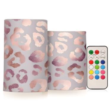 Imagem de WEIYEKO Velas de LED cintilantes de ouro rosa com estampa de leopardo, com temporizador remoto, vela operada por bateria para decoração de casa e festas internas e externas, pacote com 2