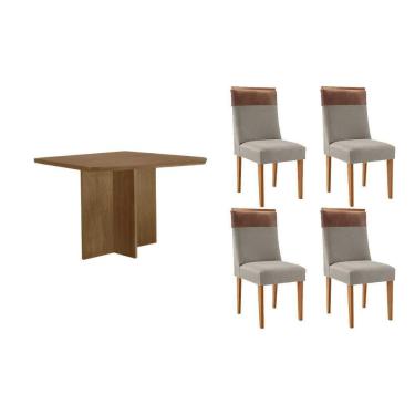 Imagem de Sala Jantar Mesa Berlim Tampo Curvo 90cm+4 Cadeiras Jaspe Madeira Naturale - Capuccino/Suede Capuccino - Rufato