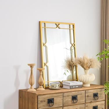 Imagem de Espelhos de parede decorativos grandes, espelho dourado de 61 cm x 91 cm para banheiro, decoração de parede com moldura de metal para sala de estar, espelho de fazenda moderno