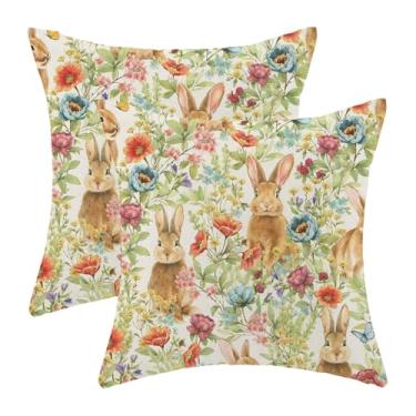 Imagem de Sorktse Capas de almofada de Páscoa 45,7 x 45,7 cm, conjunto de 2 almofadas coloridas de flores silvestres da primavera, coelho, decoração ao ar livre, coelho, vermelho, azul, flroal, fronhas de linho