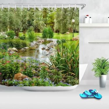Imagem de Parque jardim, árvore, flor, lagoa, natureza, paisagem, conjunto de decoração de banheiro, tecido impermeável, tela para banheira, 175 x 213 cm/LxA, cortinas de banheiro para janela