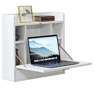 Imagem de Basicwise, Suporte de parede branco dobrável para laptop, escrever, computador ou mesa de maquiagem com prateleiras de armazenamento e gaveta