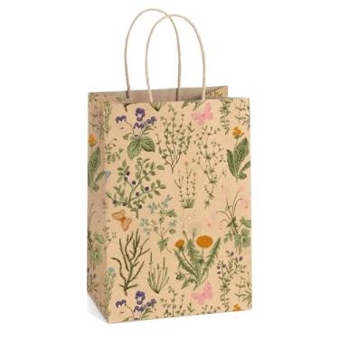 Imagem de JarThenaAMCS 16 peças de saco de presente de papel de primavera vintage flores silvestres kraft sacos com alças sacos de guloseimas para lembrancinhas de festa de casamento de aniversário suprimentos