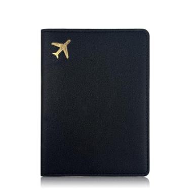 Imagem de Carteira para passaporte 14 x 10 cm – Suporte para documentos de viagem com bloqueio de RFID com compartimentos para cartões, couro PU impermeável para voos internacionais, Preto, 5.5*4.13*0.78in