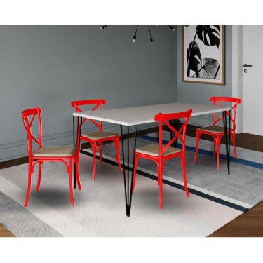 Imagem de Conjunto De Mesa Elen Retangular 140X80Cm Branco Com 4 Cadeiras Katrina Vermelha As - Branco