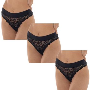 Imagem de Kit 3 Calcinhas Fio Dental Vanille DeMillus Renda Cós Duplo, Preto, EG
