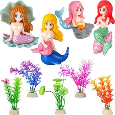 Imagem de Jetec Kit de aquário de 9 peças inclui lindo ornamento de sereia e algas marinhas simuladas para artesanato faça você mesmo tema de mesa de aquário decoração temática acessórios para animais de estimação