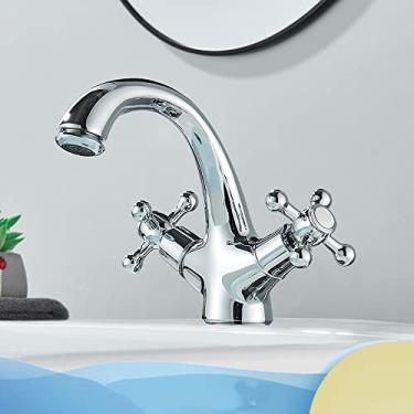 Imagem de Torneira da pia do vaso com alça dupla, montagem no convés, latão antigo, torneira do lavatório do banheiro, torneira misturadora de água quente e fria, cromada