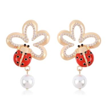 Imagem de Brincos de joaninha para mulheres, joaninha vermelha, banhado a ouro, brincos delicados e brilhantes de animais fofos com pingente de gota de pérola, brincos modernos de joaninha para meninas,