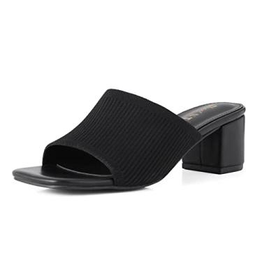 Imagem de Shoe'N Tale Sandálias de salto de malha para mulheres com bico aberto quadrado mules bloco grosso salto baixo slip on slides, Preto, 6.5