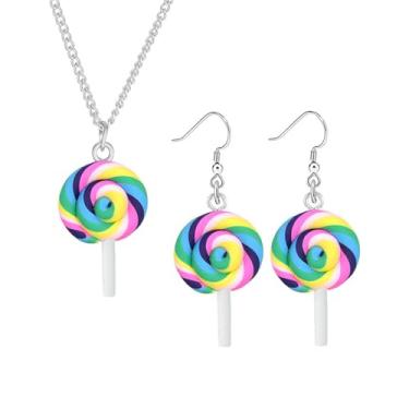 Imagem de Dreuyet Conjunto de colar de brincos de pirulito colorido arco-íris para mulheres meninas conjunto de joias de pirulito de argila macia bonito feito à mão redondo espiral pirulito colar engraçado de