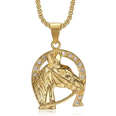 Imagem de NEGS Colar Ken com pingente de cavalo da sorte punk rock, corrente de 61 cm, joia de ferradura hip hop, presente de animal para homens e mulheres, Aço inoxidável, Zircônia cúbica