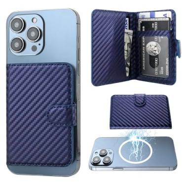 Imagem de Bocasal Suporte magnético para cartão MagSafe, compartimentos para cartões de couro com bloqueio de RFID para iPhone 15/14/13/12 Pro/Max/Plus, suporte ajustável, flip Mag Safe Wallet (Carbon Filber