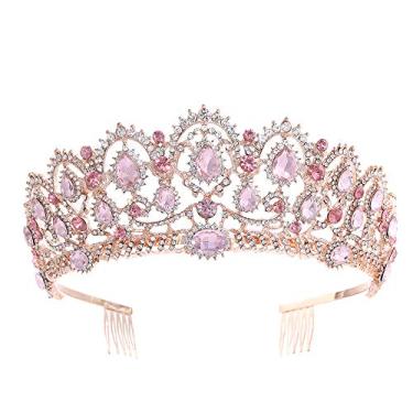 Imagem de Anglacesmade Tiara de cristal de noiva ouro rosa, coroa de princesa, strass, joias de concurso, enfeite de bolo de aniversário, enfeite de cabeça de casamento, festa de formatura, dama de honra,