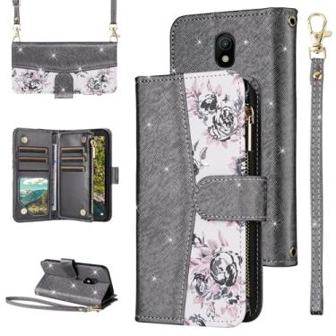 Imagem de Furiet Capa carteira floral para Nokia C100 4G LTE N152DL com zíper e alça de ombro, capa de telefone com suporte de cartão de couro PU com glitter de luxo para C 100 100C 5.45 2022 TA1484 preta