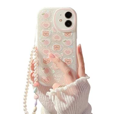 Imagem de Fycyko Capa compatível com iPhone 12 | Mulheres fofas, estampa de coração amor urso, corrente de pulseira de pulseira de pérola, capa de telefone brilhante, proteção para câmera