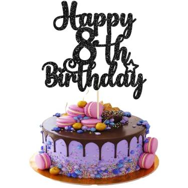 Imagem de Gyufise 1 enfeite de bolo de feliz aniversário de 8 anos - Glitter 8 & Fabulous Cheers to 8 Years Old - Palheta de bolo para celebrar decorações de festa de aniversário, suprimentos preto