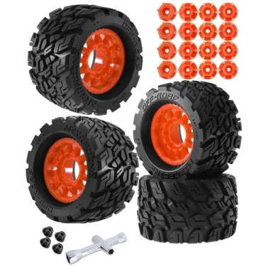 Imagem de RCMYou RC Truck Tires Wheel for 1/10 Arrma Big Rock Granite Vortek/Stampede Rustler Hoss/Axial Losi Redcat Rc4wd,4-Pack RC Wheels Tires w/12mm/14mm Hex,Orange