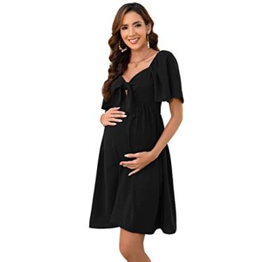 Imagem de FUNJULY Vestidos de maternidade para chá de bebê, feminino, gola V, comprimento até o joelho, vestido de chá de bebê, Preto, GG