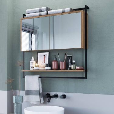 Imagem de Armário Espelheira para Banheiro 80cm com 1 Prateleira Externa e Toalheiro Estilo Industrial P1043 Preto/Mel