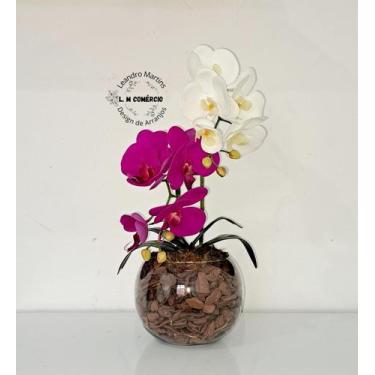 Imagem de Arranjo Orquídea Branca Com Rosa Borboleta 3D Realista Permanente Sili