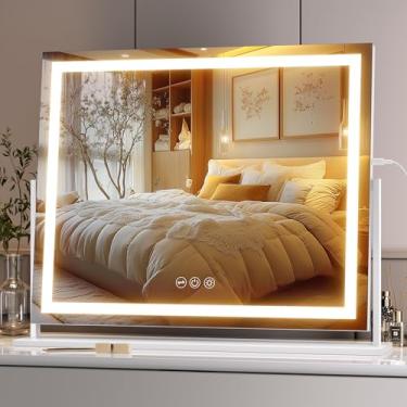 Imagem de Hasipu Espelho de maquiagem com luzes, espelho de maquiagem LED de 59.9 cm x 46.0 cm, espelho iluminado com toque inteligente 3 cores regulável, ajuste de brilho, rotação de 360° (branco)