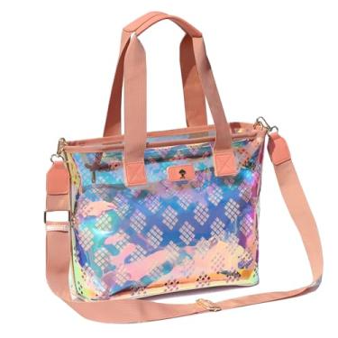 Imagem de Sacola transparente com bolhas de sabão iridescente – aprovada para estádio com design de ombro na bolsa para shows, praias e eventos, A rosa e laranja