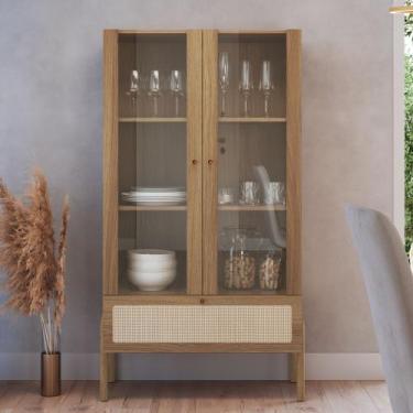 Imagem de Cristaleira Afrodite 2 Portas Vidro 1 Gaveta 83cm Palhinha Pé Madeira 