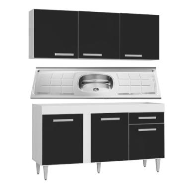 Imagem de Armário Aéreo Parma e Balcão Gabinete Montreal com Pia Inox 150cm Branco/Preto - Lumil Móveis