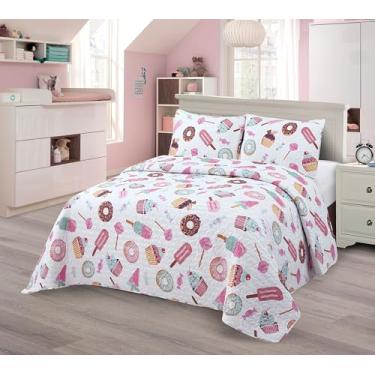 Imagem de Conjunto de colcha infantil Kids Zone Collection, Sweet Treats, branco com rosquinhas rosa e estampa de sorvete, casal/queen novo # Donuts