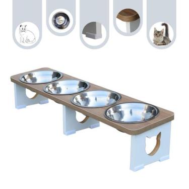 Imagem de Comedouro Gato Pet Elevado Quadruplo Linear MDF - Inox - Maderacco