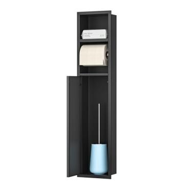 Imagem de Bernkot Nicho de papel higiênico de parede com prateleira, suporte de papel higiênico embutido para reforma de banheiro, suporte de escova coberto de aço inoxidável 304 (preto fosco)