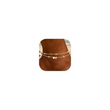 Imagem de Tornozeleiras femininas com inicial coração dourado banhado a ouro 14K, delicada, em camadas, letra A-Z, conjunto de tornozeleiras ajustáveis que não mancham, feitas à mão, à prova d'água, para joias