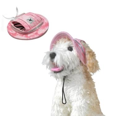Imagem de Harikaji Boné para animais de estimação, chapéu redondo, moderno, lona, princesa, beisebol, alça ajustável no queixo, viseira de proteção solar para cachorrinho (Tie Dye Pink, M)