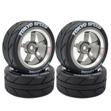 Imagem de Chanjorlin 1/10 On Road Racing Tires and 5-Spoke Aluminum Wheels 12mm Hex OD 2.56" RC Touring Tyres for 1:10 Rally Street Drift Car Tamiya TT01 TT02 XV01 A959 PTG2 KYOSHO HSP Traxxas 4PCS (Titanium)