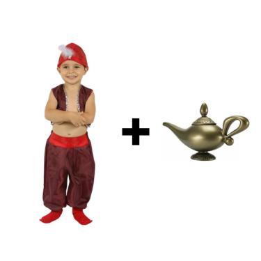 Imagem de Fantasia Aladdin Infantil Bebê Menino Completa com Lâmpada Mágica do Gênio Príncipe Carnaval Festa Árabe Sheik Turbante