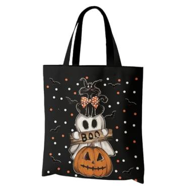 Imagem de Horadaily Sacola de lona, Halloween, gato, abóbora, fantasma, preta, reutilizável, bolsa de ombro para mulheres, férias, compras, trabalho, academia