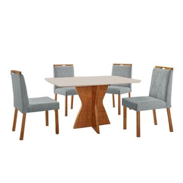 Imagem de Conjunto Sala De Jantar Mesa Madri 120x80cm Tampo Retângular Vidro Off White Com 4 Cadeiras Bela Linho Cinza