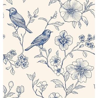 Imagem de Papel de parede bege para contato vintage pássaro floral azul 44,5 cm x 299,7 cm Boho animal autoadesivo impermeável removível para banheiro prateleiras armário gaveta decoração de mesa amigável para