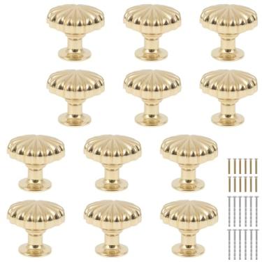 Imagem de LYIYEYAN Puxador dourado em forma de abóbora de 12 peças para cômodas, armários, gavetas e armário, puxador de armário de furo único de liga de alumínio com parafuso para quarto e sala de estar (ouro)
