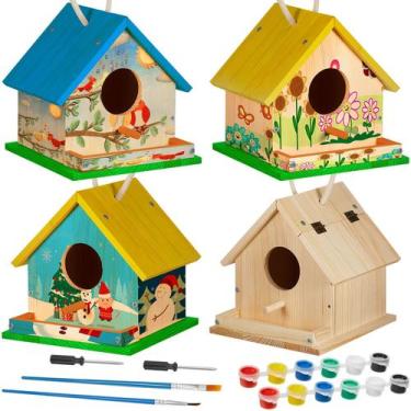 Imagem de Kit DIY Birdhouse Liliful de madeira inacabada com tintas para criança