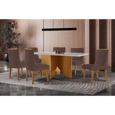 Imagem de Conjunto Sala de Jantar Nevada c/ Tampo Madeirado c/ Vidro Canto Curvo 180x90cm e 6 Cadeiras Dakota Madeira Maciça Naturale/Off White - Capuccino/Sued