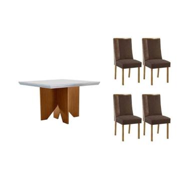 Imagem de Conjunto Sala de Jantar Nevada c/ Tampo Madeirado c/ Vidro Canto Curvo 90x90cm e 4 Cadeiras Tilia Madeira Maciça Naturale/Off White - Capuccino/Suede 