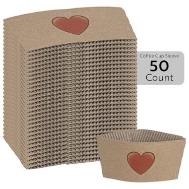 Imagem de Restaurantware APENAS MANGAS: Mangas de xícara de café Restpresso 5,1 x 2,8 polegadas 50 mangas onduladas para copo quente - Emoji de coração papel kraft tolerante ao calor mangas descartáveis café