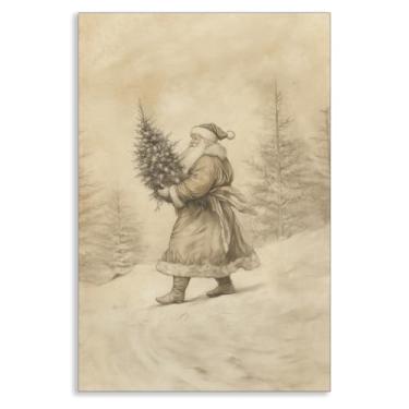 Imagem de Arte de parede em tela de Papai Noel, pôster vintage de desenho de árvore de Natal com Papai Noel, pintura de paisagem de floresta de pinheiro nevado de inverno, decoração de parede antiga para quarto