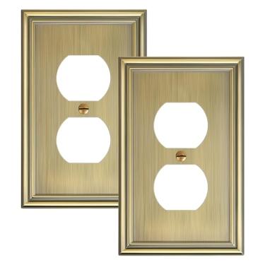 Imagem de Pacote com 2 placas de cobertura de tomada dupla única, placas decorativas de latão antigo e tampas de tomada, placas de parede de metal para tomadas elétricas, 1 capa de receptáculo de grupo