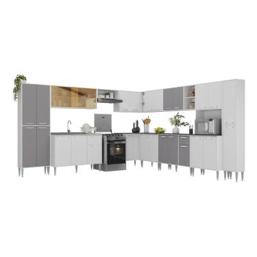 Imagem de Armário De Cozinha Modulada 12 Pçs Com Balcão De Pia Siena Multimóveis Mp2240 Branco-lacca Fumê