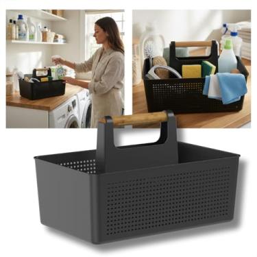 Imagem de Organizador Multiuso com Alça para Produtos de Limpeza, Lavanderia e Banheiro | Cesto Plástico Resistente com Design Moderno – Ideal para Toalhas, Detergentes e Acessórios (PRETO)