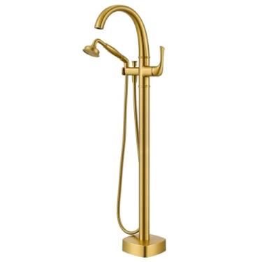 Imagem de Torneira de banheira independente, torneira de banheira Hanallx luxuosa em ouro escovado com pulverizador, bico giratório de enchimento de banheira de alta taxa de fluxo de latão premium, conjunto de